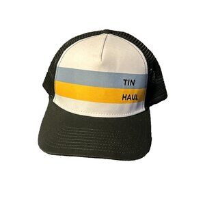 Vintage Tin Haul Hat Blue Black and Yellow Trucker